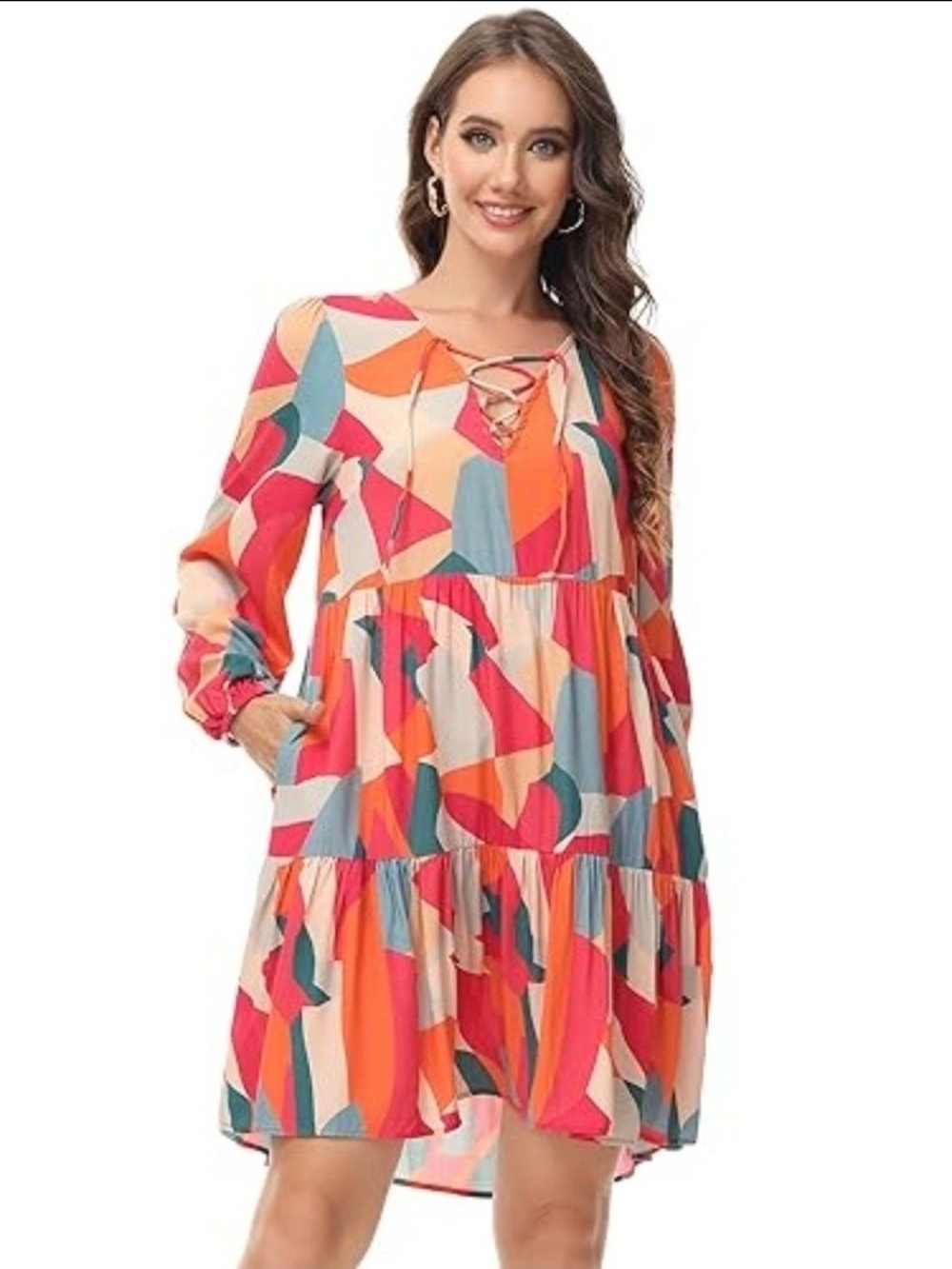 NWT MCEDAR Plus Tunic Dress for Women Tie-Neck Tiered Swing Dress Long Sleeve .